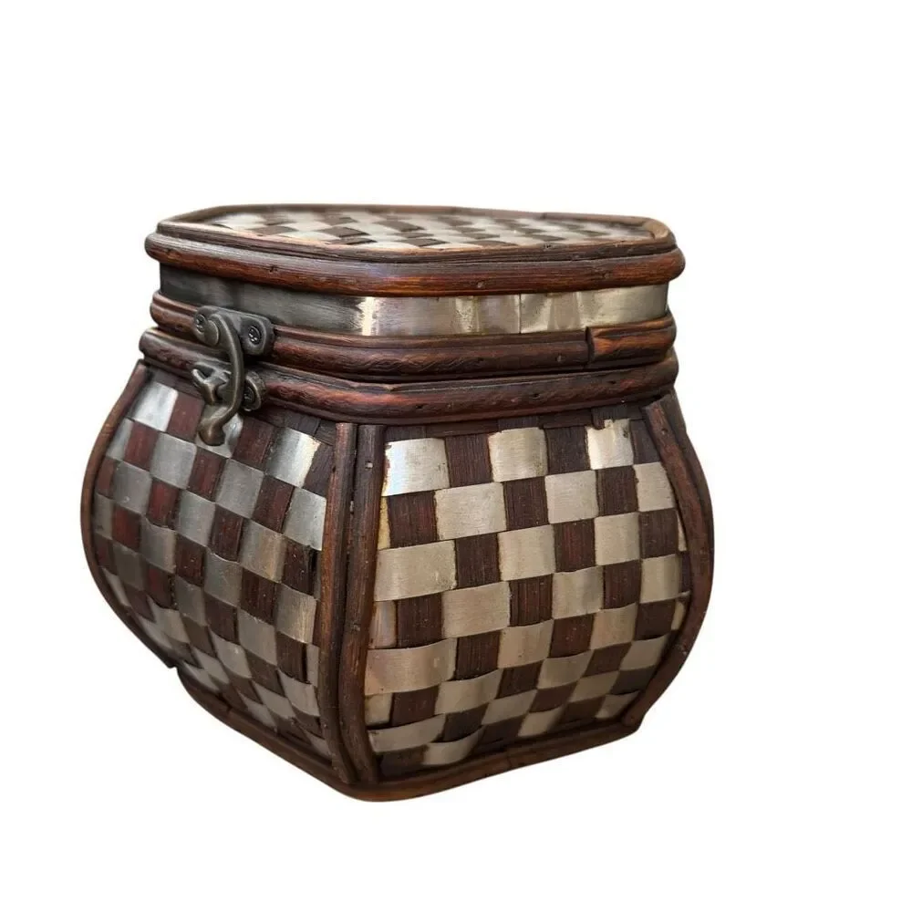 Vintage Bamboo Metal Inlay Decorative Storage Box – Handcrafted Hexagon Trinket